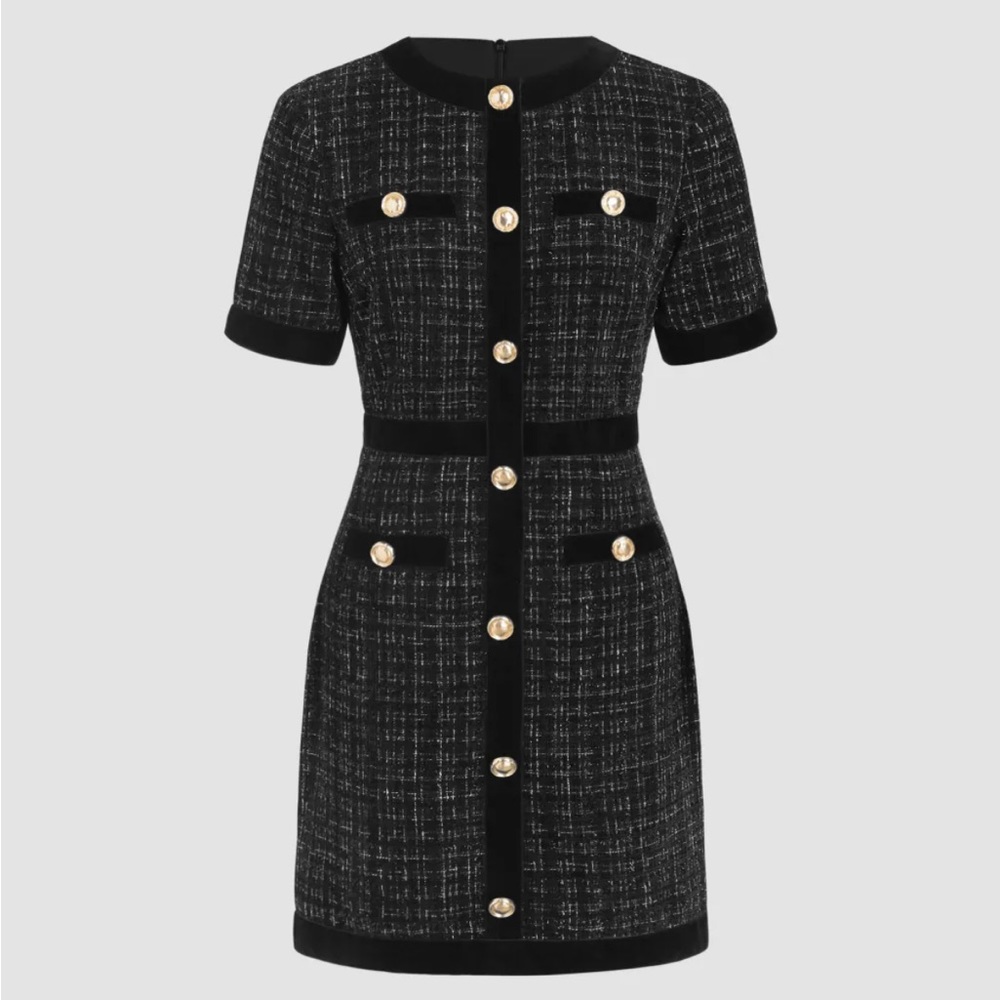 Tweed Round Neckline Solid Metallic Button Mini Dress